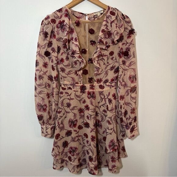 For Love & Lemons Agnes Floral Plunge Mini Dress in Soft Rose XS - Picture 2 of 13